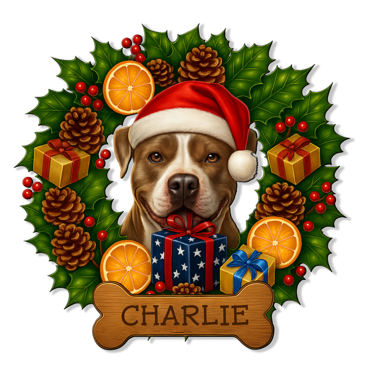 Pitbull Christmas metal sign featuring a Santa-hat dog surrounded by holly, pinecones, gifts, oranges, and a bone design