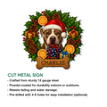 Cut metal pitbull Christmas sign shown with holiday dog artwork and indoor or outdoor display features