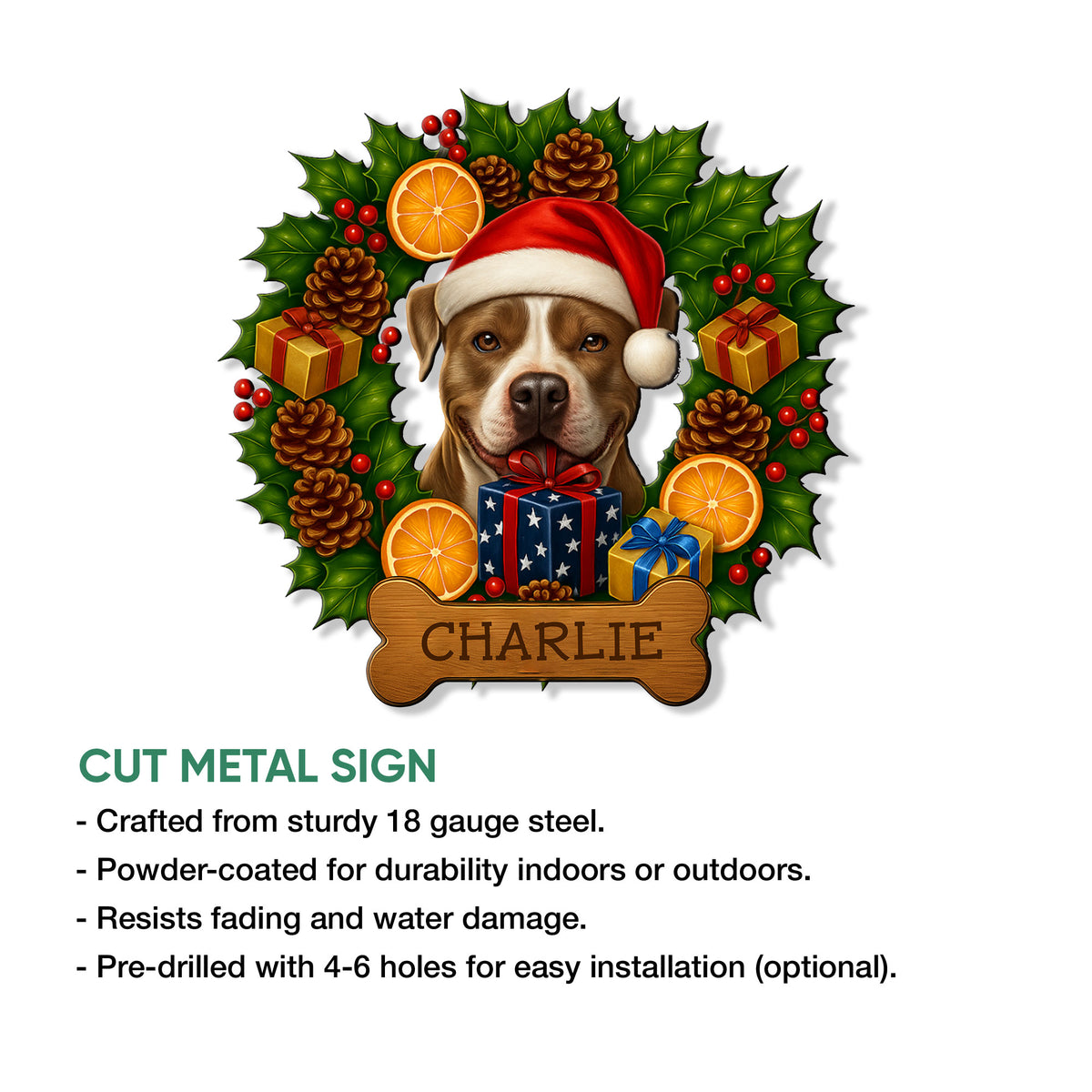 Cut metal pitbull Christmas sign shown with holiday dog artwork and indoor or outdoor display features