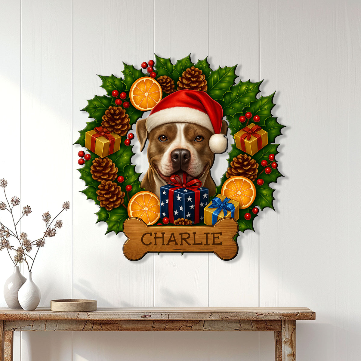 Pitbull holiday metal sign displayed on a white paneled wall above a console table