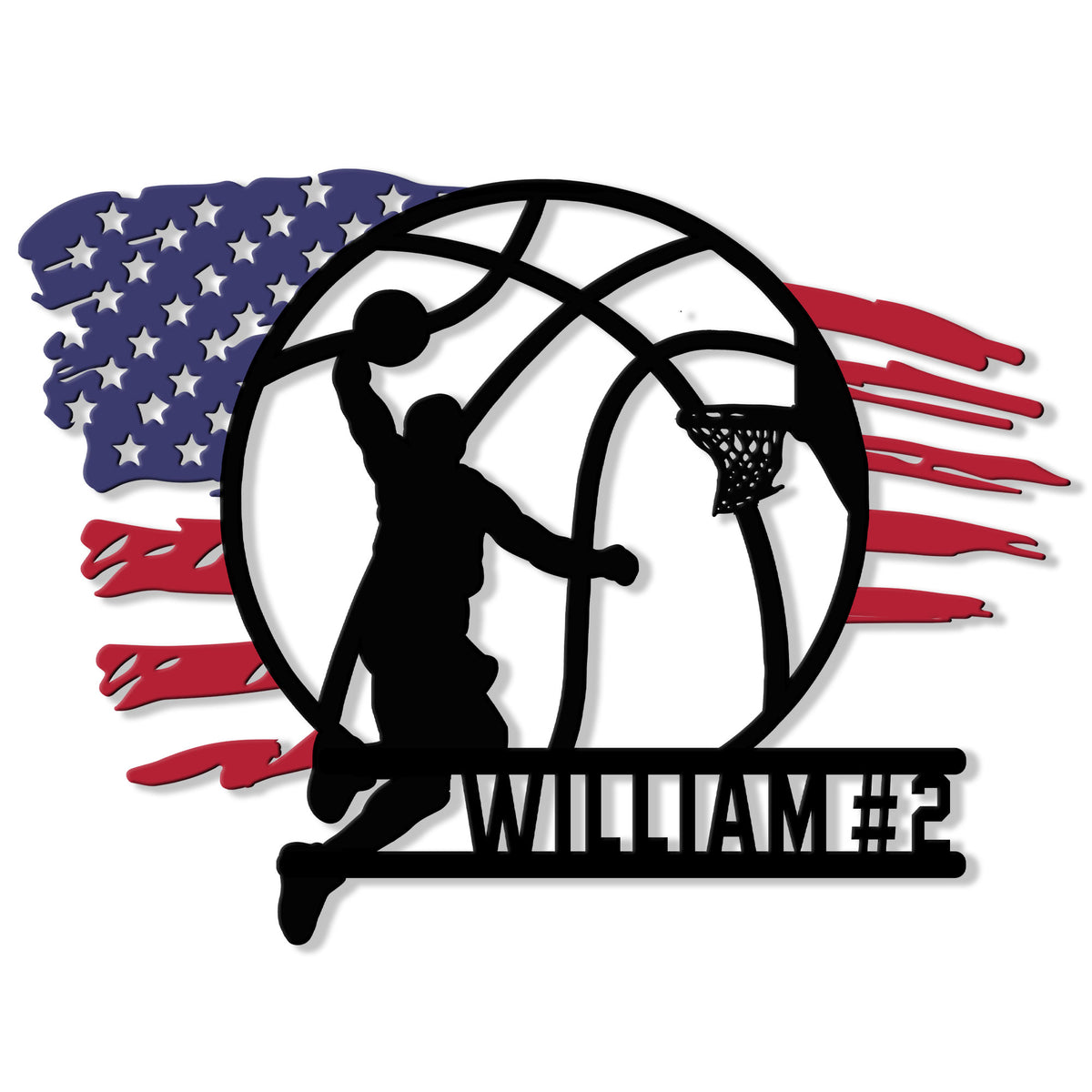 Custom basketball metal sign featuring a dunking player silhouette, basketball hoop, and distressed American flag backdrop