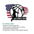 Basketball cut metal sign shown with a dunking player silhouette and American flag design details