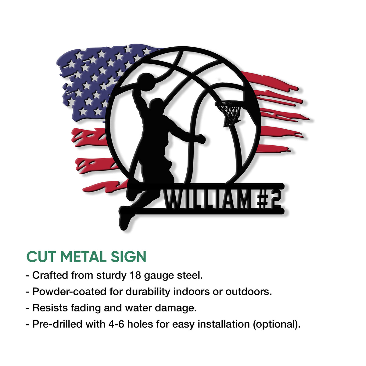 Basketball cut metal sign shown with a dunking player silhouette and American flag design details