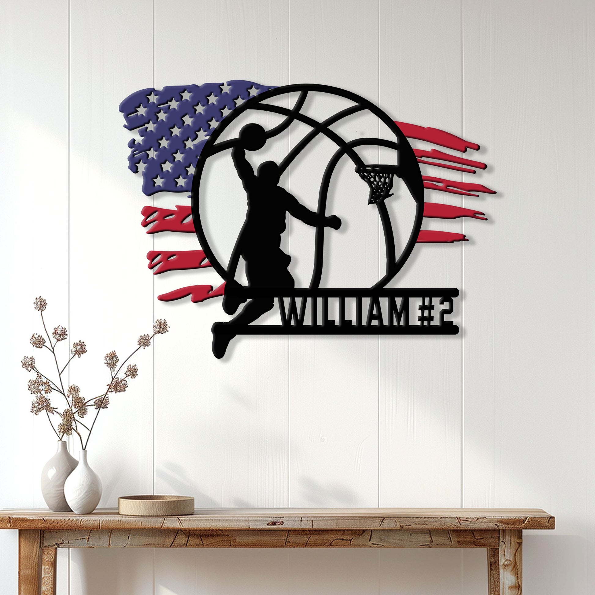 Basketball player metal wall sign displayed above a console table in a bright home interior
