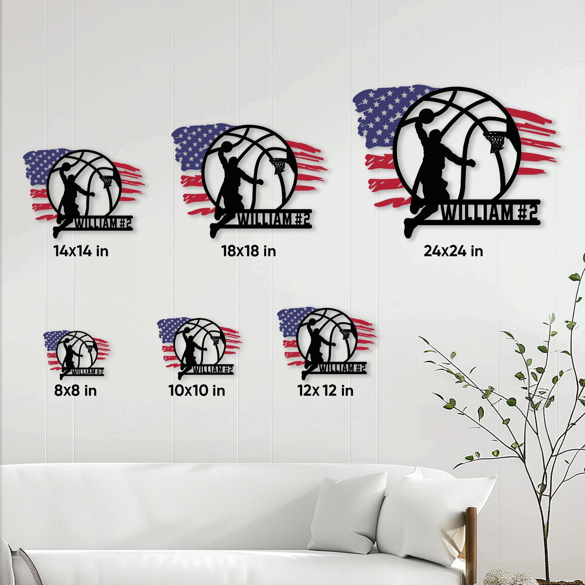 Basketball metal sign size guide showing available square sizes from 8 by 8 to 24 by 24 inches