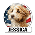Patriotic Schnoodle portrait metal sign with a curly dog against an American flag background