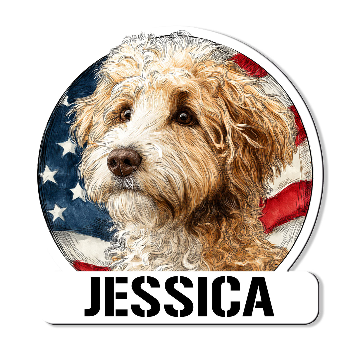 Patriotic Schnoodle portrait metal sign with a curly dog against an American flag background