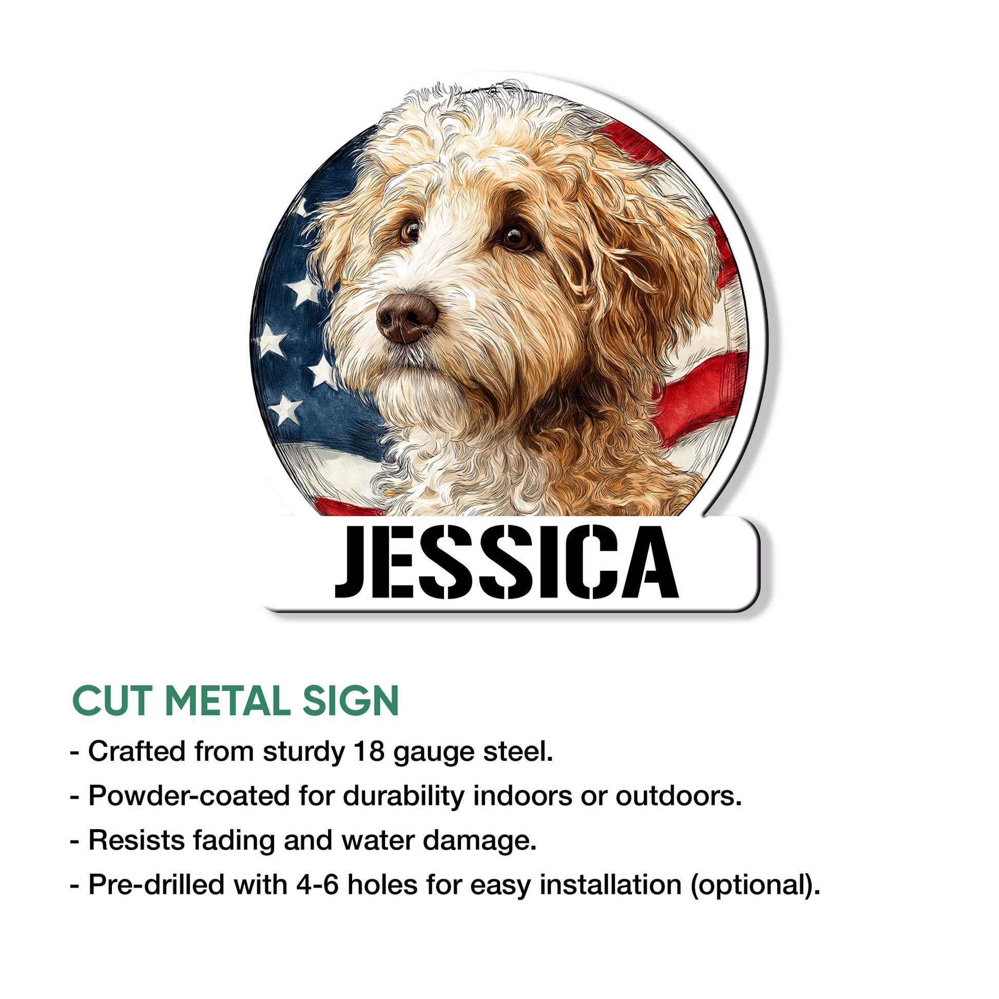 Schnoodle metal sign feature graphic showing a detailed curly-haired dog portrait and patriotic flag design