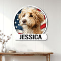Patriotic Schnoodle wall sign displayed above a console table in a bright home entryway