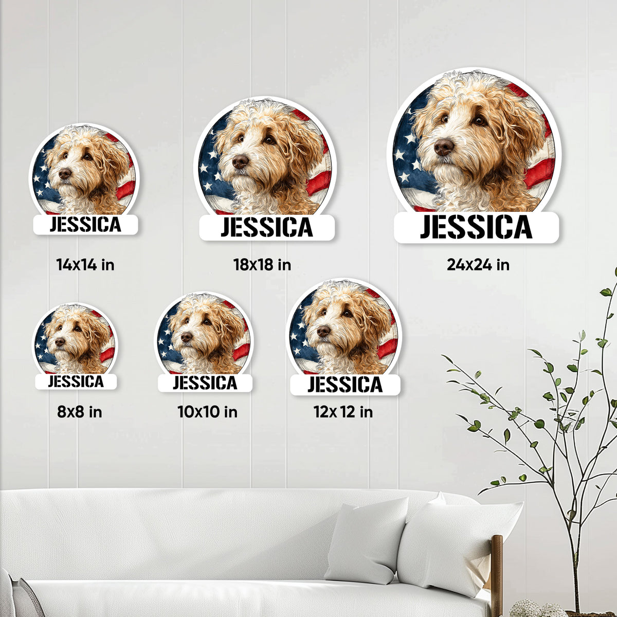 Schnoodle metal sign size guide showing available round sign sizes from 8 by 8 to 24 by 24 inches