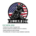 Motocross rider metal sign feature graphic showing the patriotic dirt bike artwork and product details