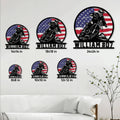 Motocross dirt bike metal sign shown in multiple size options on a bright paneled wall
