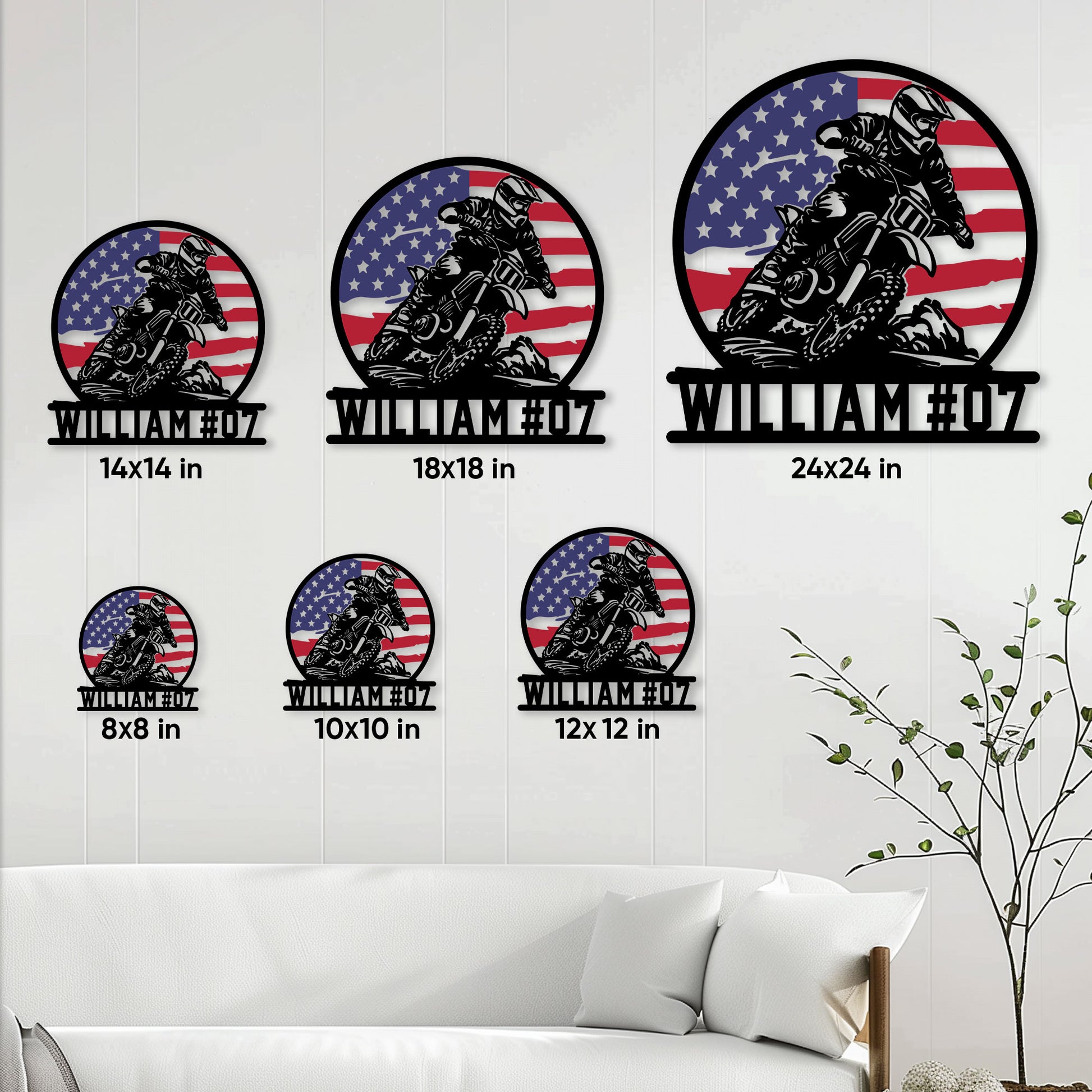 Motocross dirt bike metal sign shown in multiple size options on a bright paneled wall