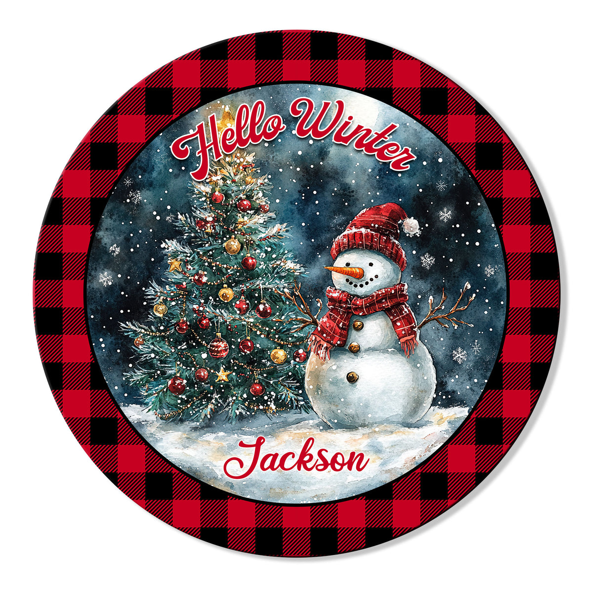 Round Christmas metal sign featuring a snowman, decorated tree, snowflakes, and buffalo plaid border