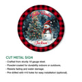 Custom winter metal sign with a festive snowman and Christmas tree in a snowy holiday scene