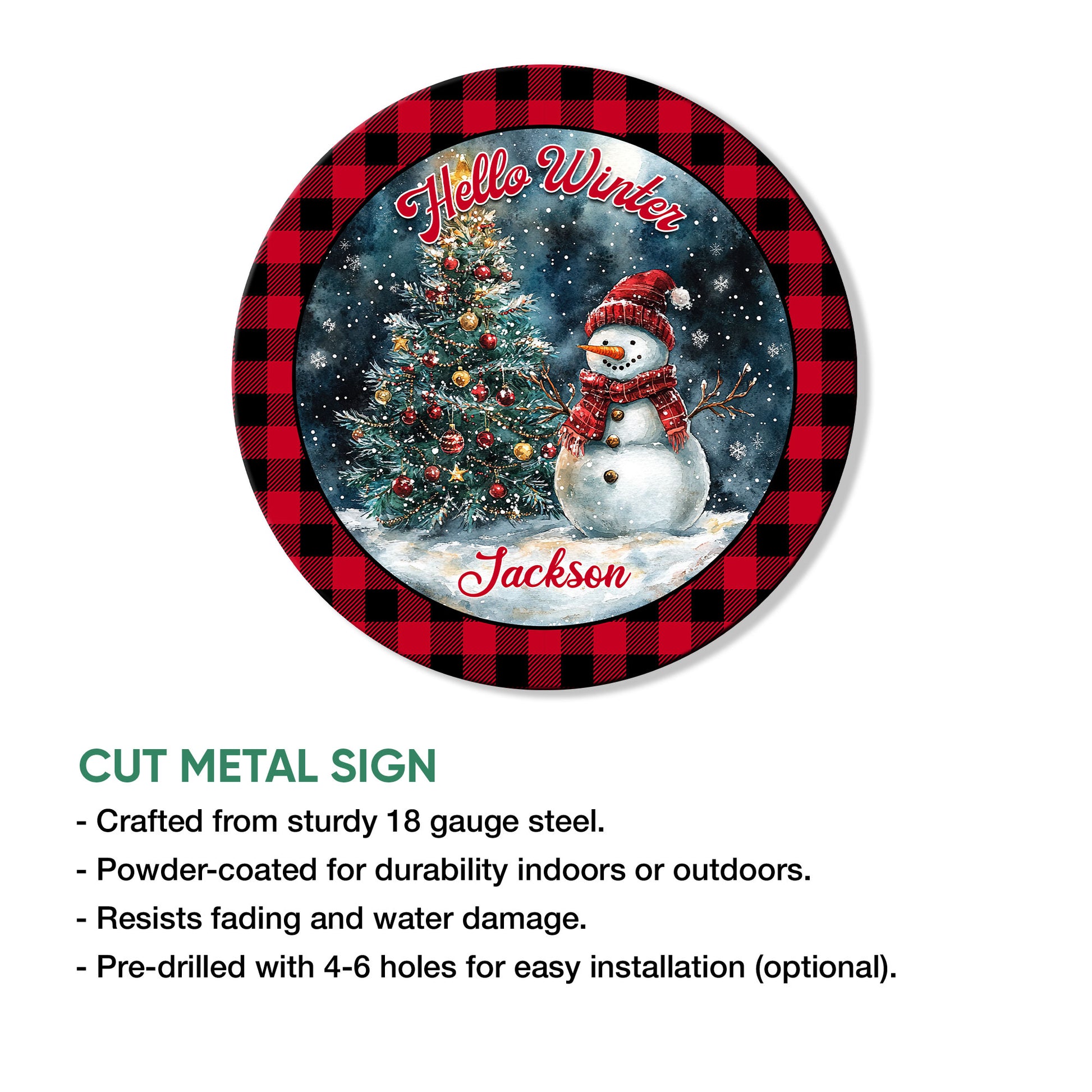 Custom winter metal sign with a festive snowman and Christmas tree in a snowy holiday scene