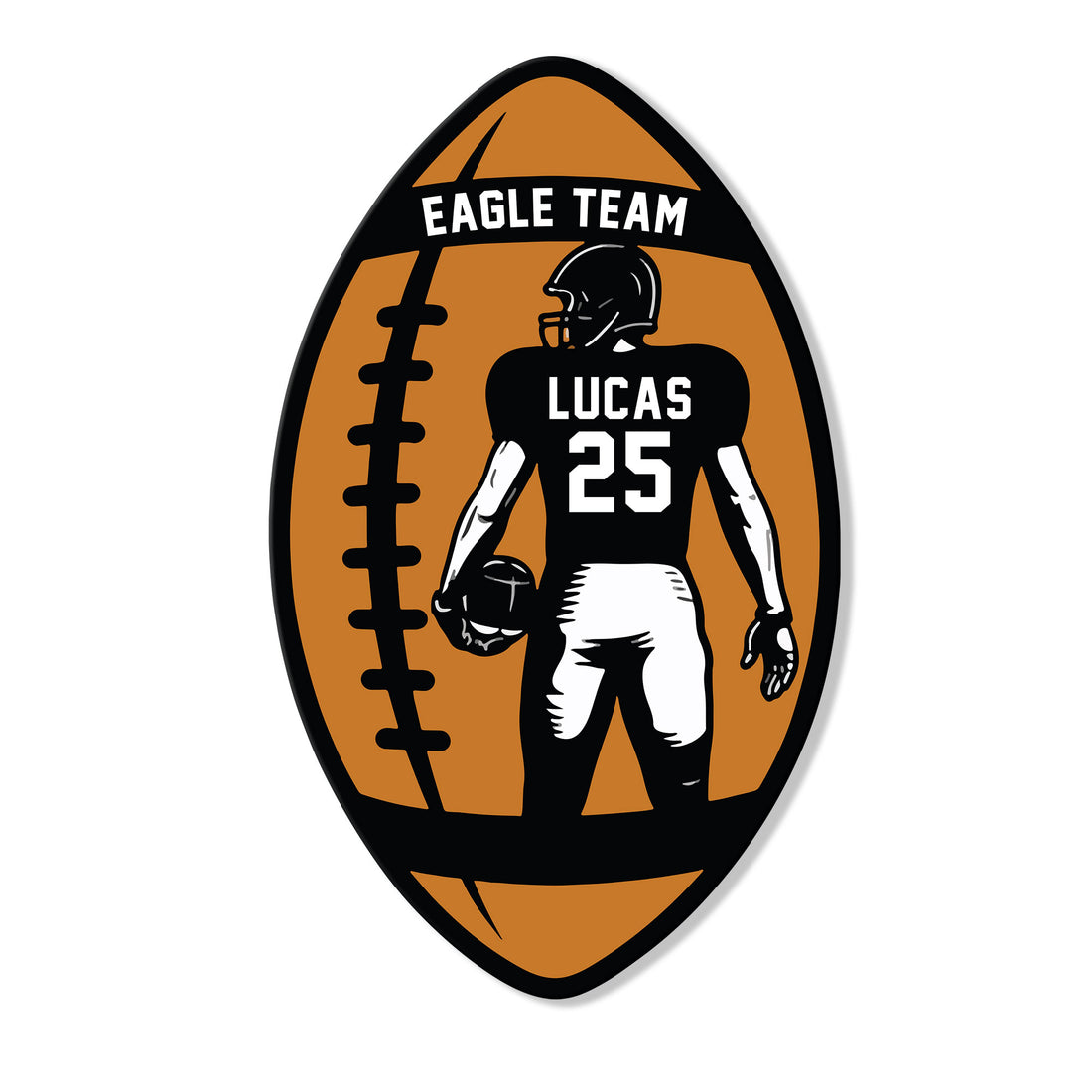 Custom football player metal sign with a helmeted athlete, football, laces, and bold orange-black sports artwork