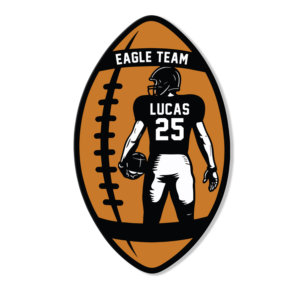 Custom football player metal sign with a helmeted athlete, football, laces, and bold orange-black sports artwork