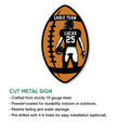Football player metal sign shown with product feature details for indoor or outdoor display