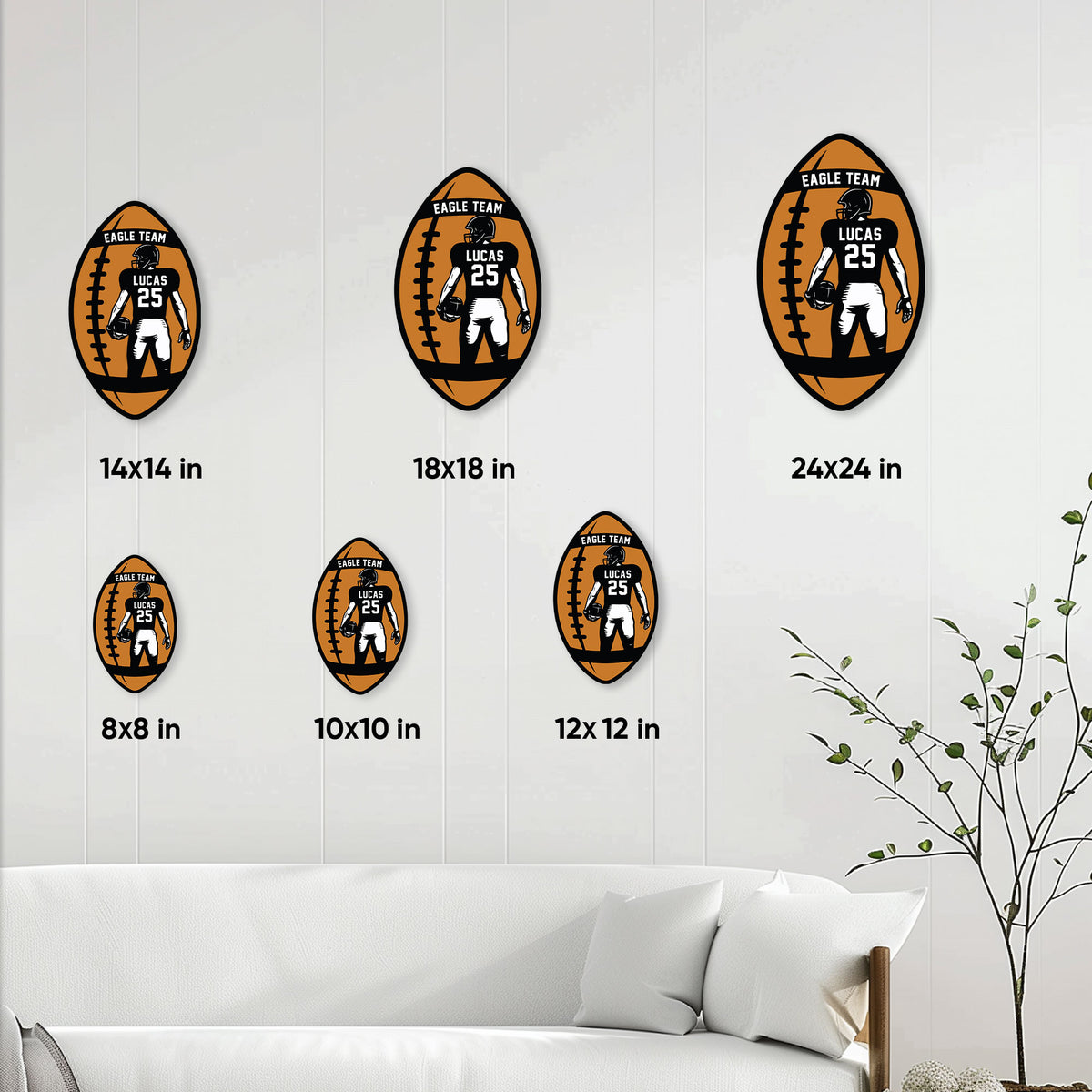 Football player metal sign size guide showing several available dimensions from compact to large wall decor