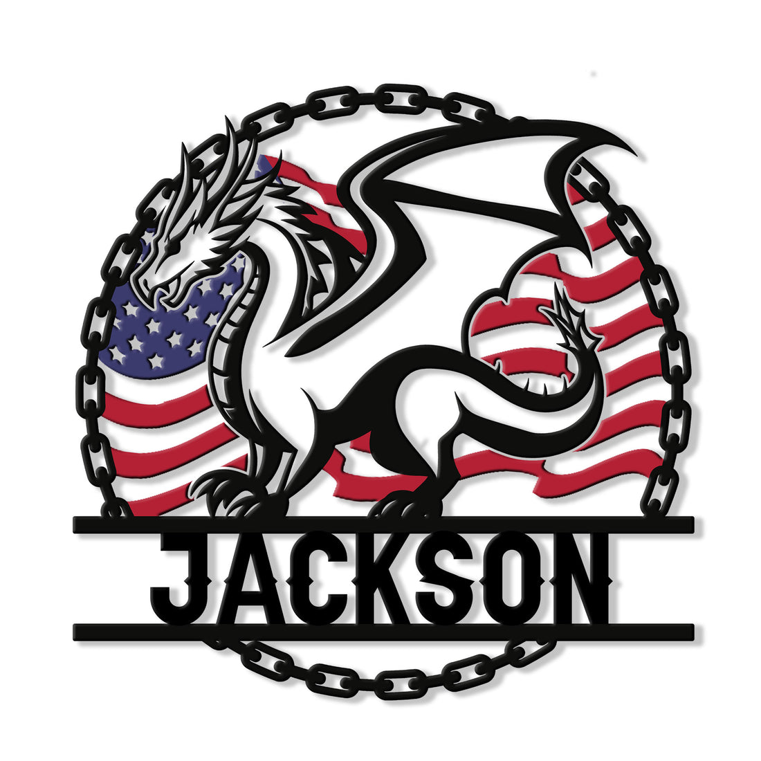 Custom dragon metal sign featuring a bold winged dragon over an American flag