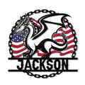 Custom dragon metal sign featuring a bold winged dragon over an American flag