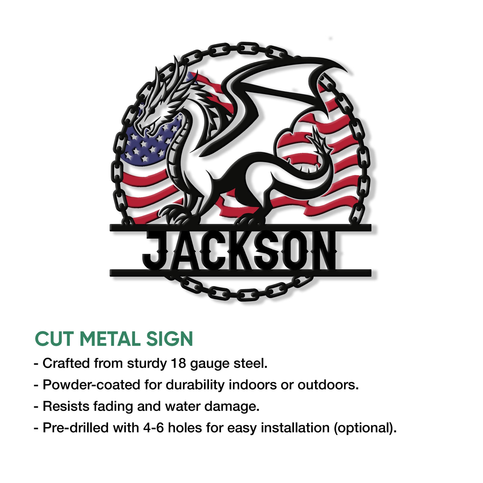 Dragon metal sign feature graphic highlighting the cut metal design and hanging options