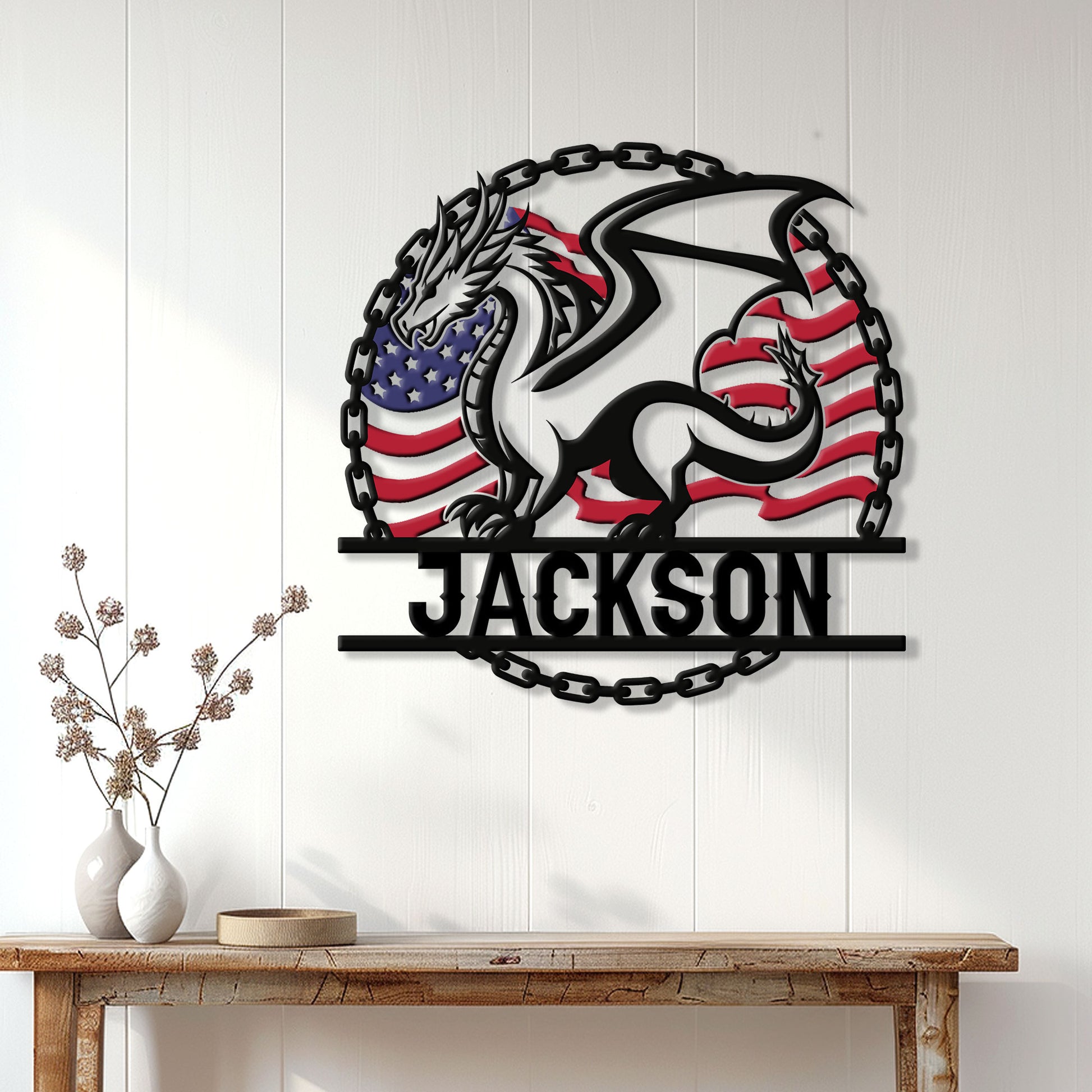 Patriotic dragon metal wall sign displayed on a bright white paneled entryway wall