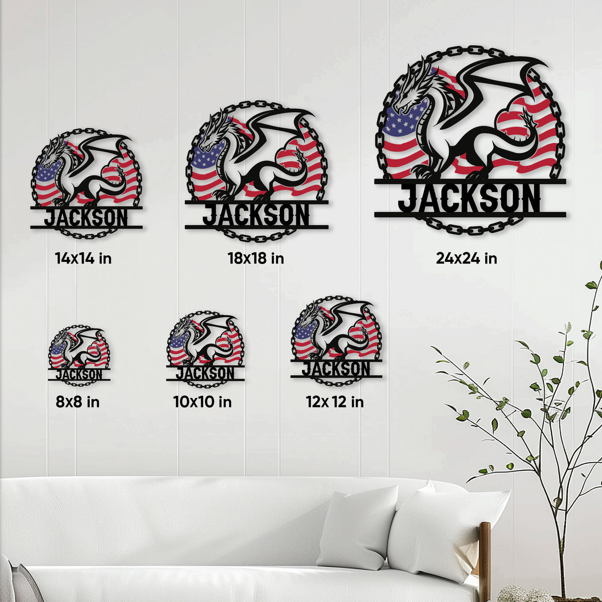 Dragon metal sign size guide showing available square sizes from 8 by 8 to 24 by 24 inches