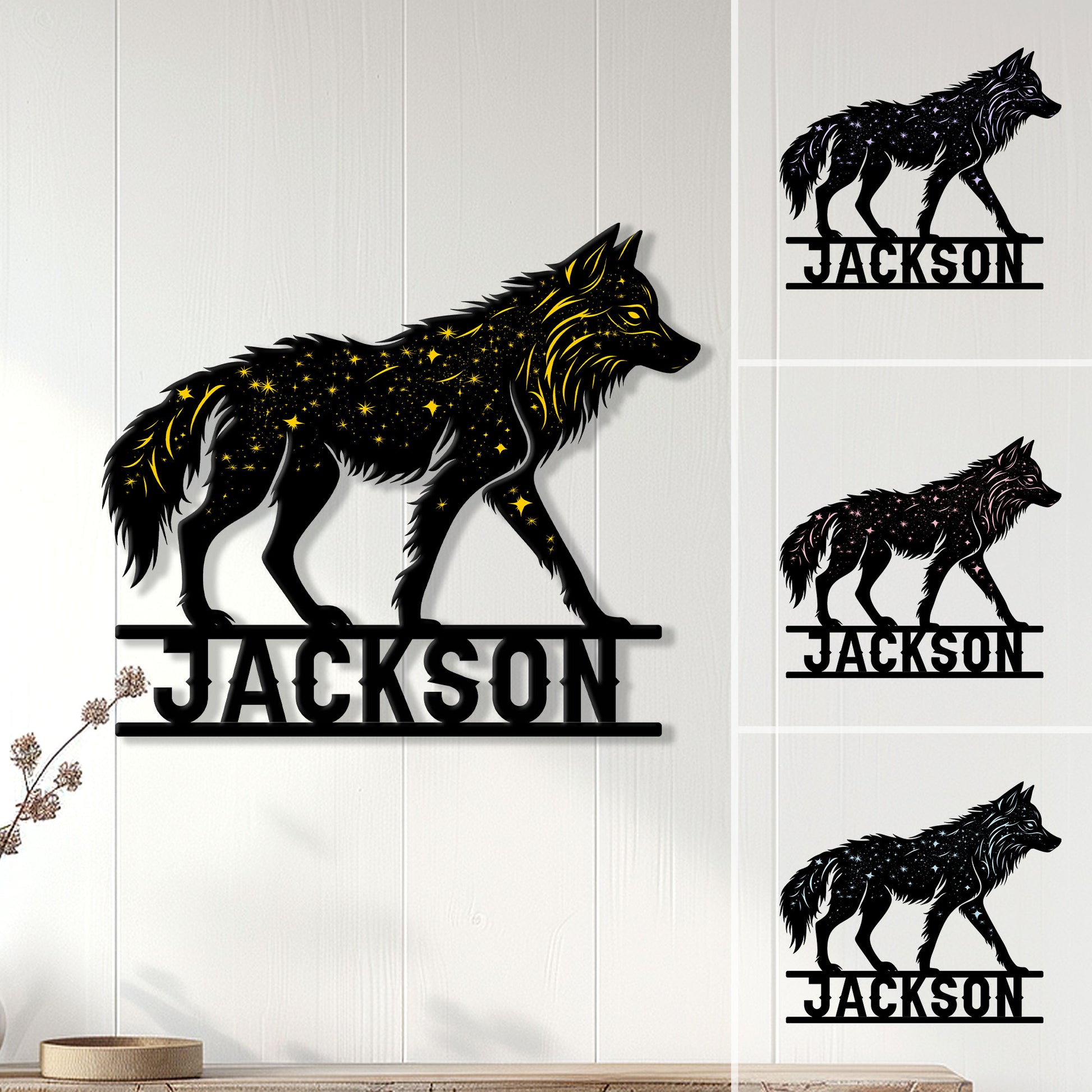 Custom wolf metal sign displayed on a wall, featuring a star-speckled wolf silhouette and bold name design