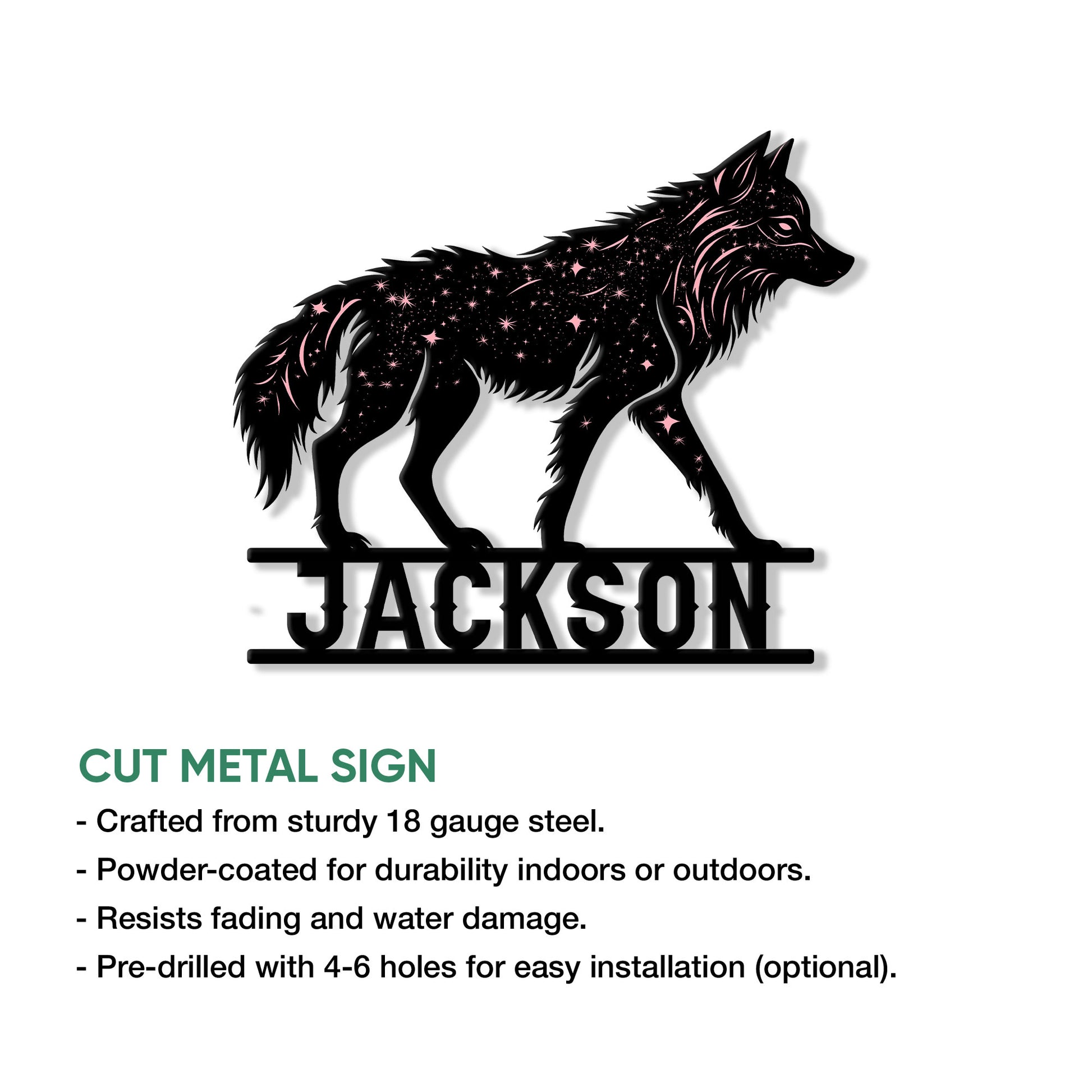 Close-up wolf metal sign with a celestial star pattern, sleek silhouette, and bold lower accent bars