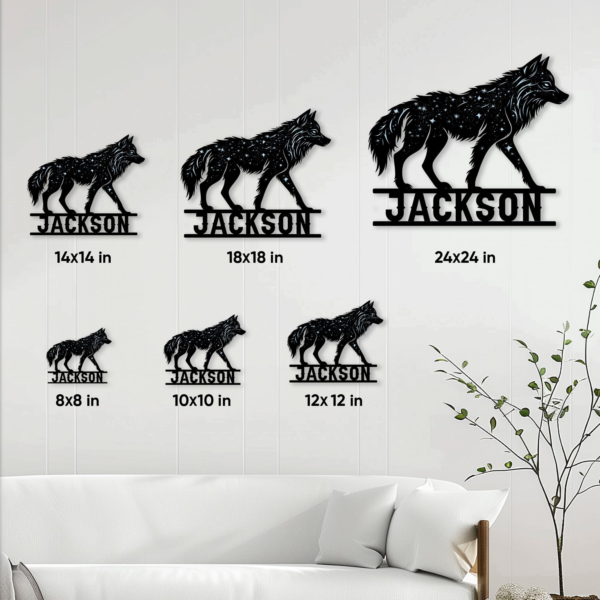 Wolf metal sign size guide showing available 8x8, 10x10, 12x12, 14x14, 18x18, and 24x24 inch options
