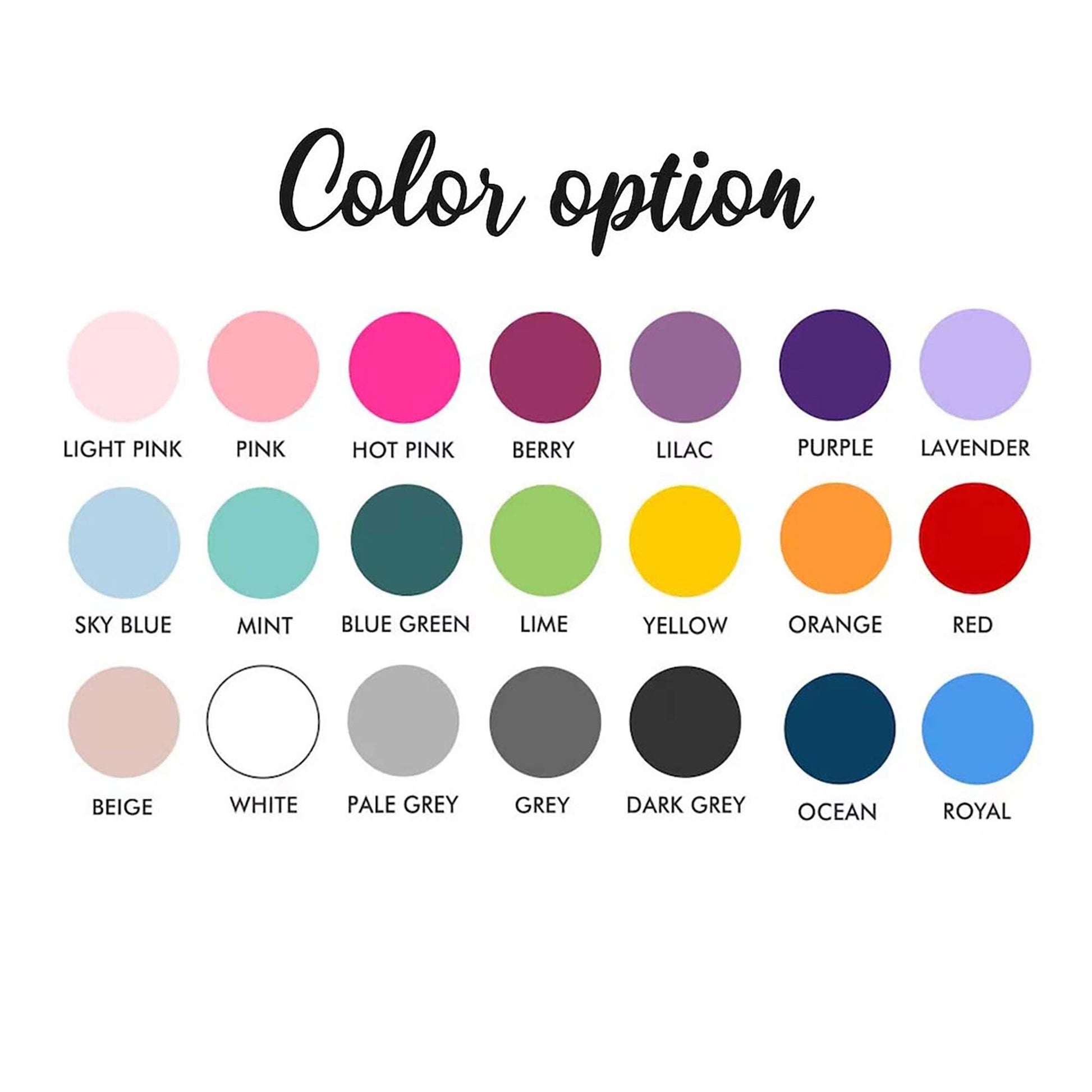 Color selection guide showing light pink, pink, hot pink, berry, lilac, purple, lavender, blue, green, yellow, orange, red, gray, and white options