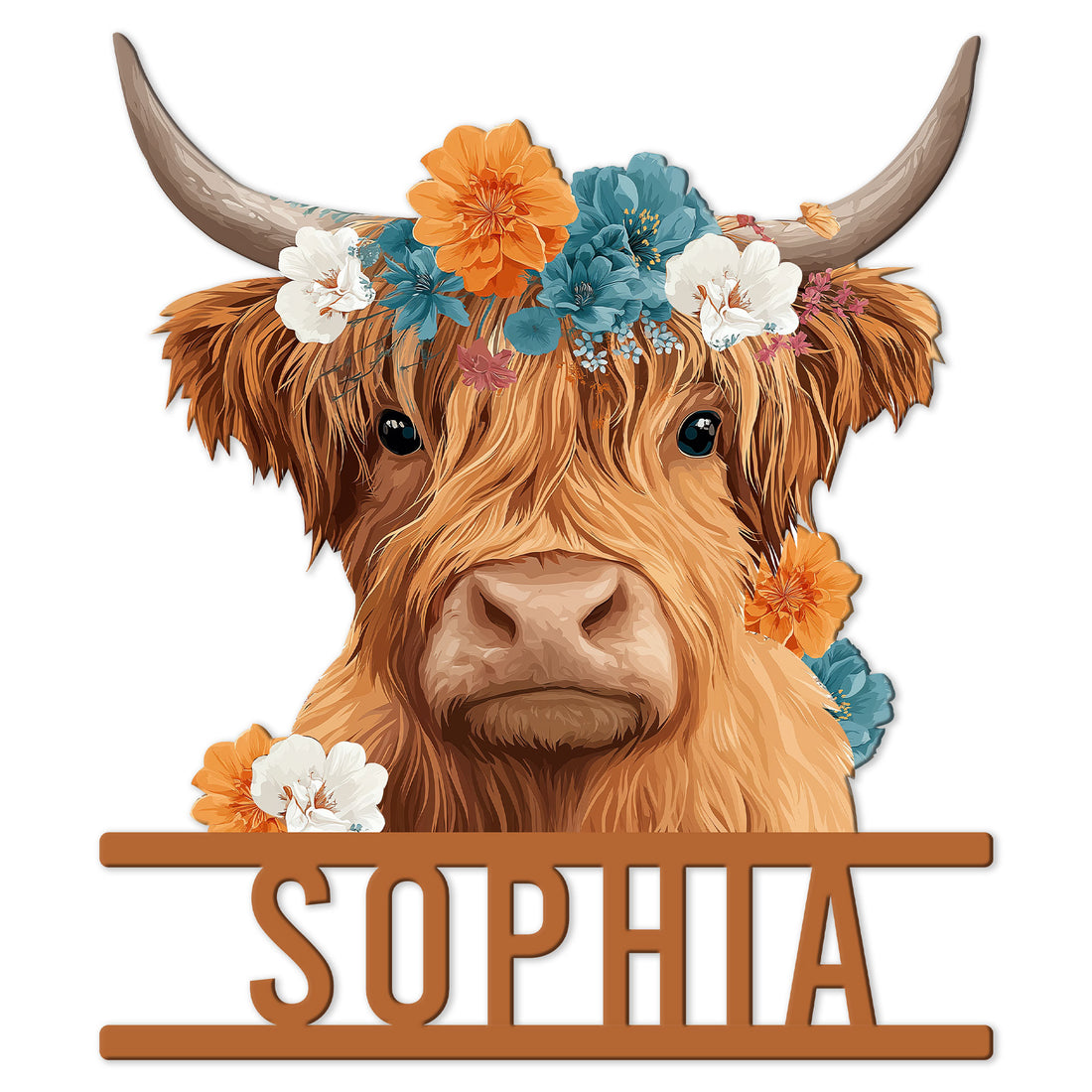 Floral Highland cow metal sign featuring a shaggy brown cow portrait with curved horns and colorful flowers