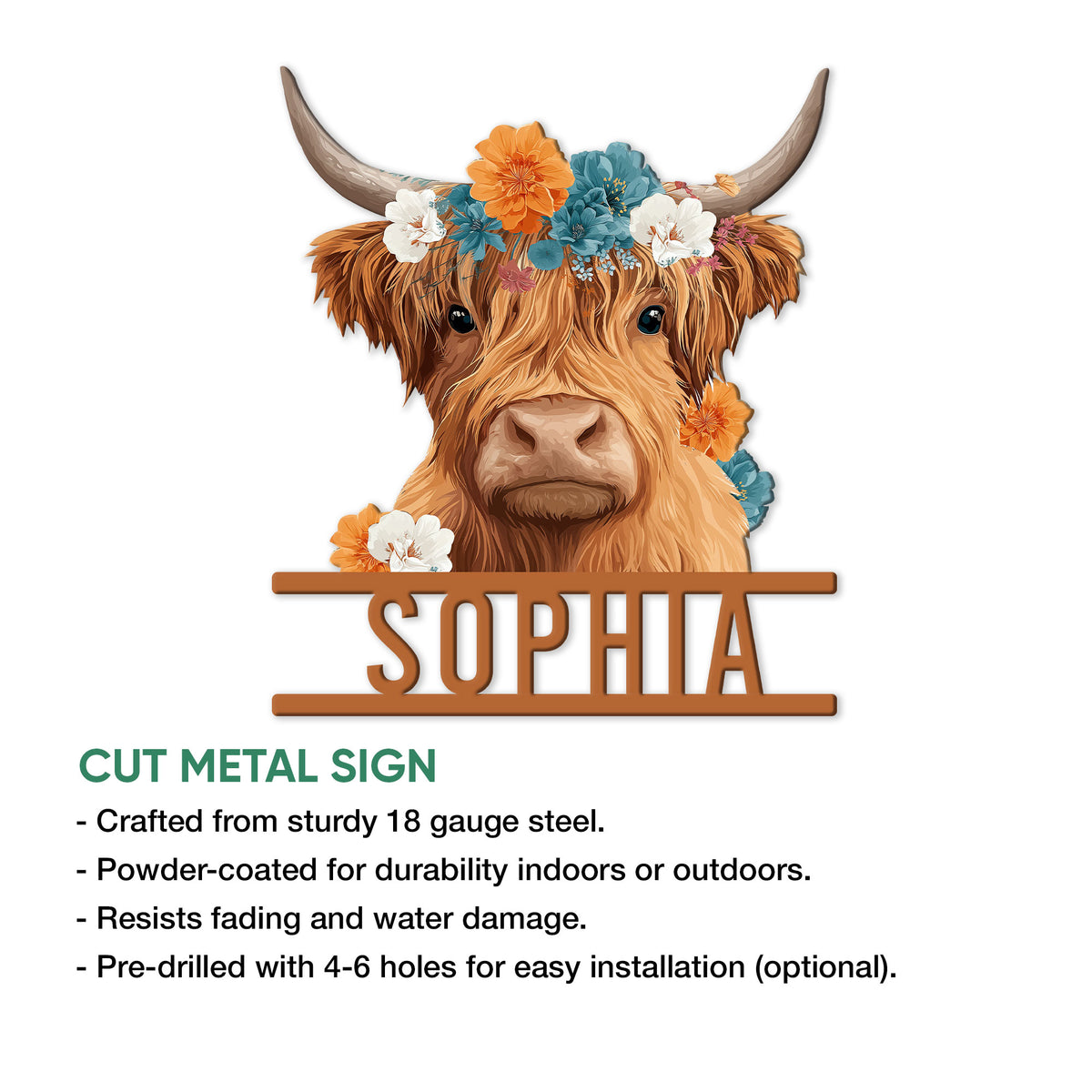 Highland cow floral metal sign feature graphic showing the cut-metal wall decor design and display details