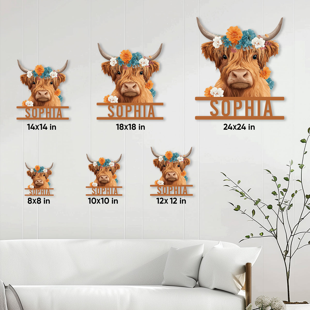 Highland cow metal sign size guide showing six available square sizes in a farmhouse living room