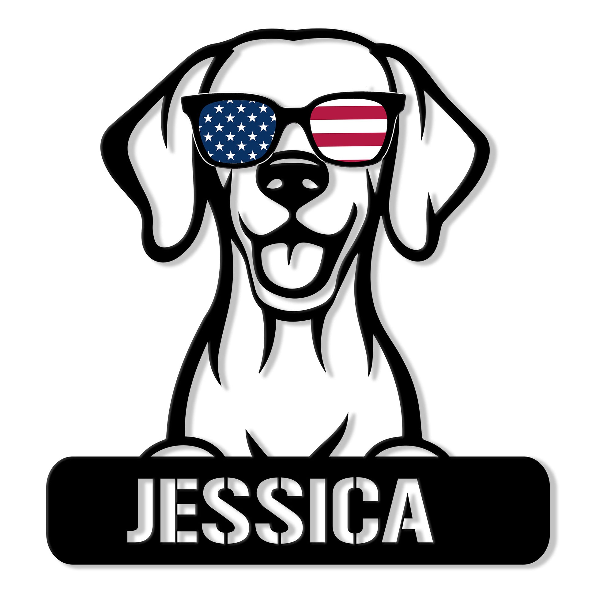 Patriotic Vizsla dog metal sign featuring a smiling dog wearing American flag sunglasses