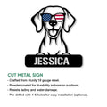 Vizsla dog cut metal sign shown with product feature details for indoor or outdoor display