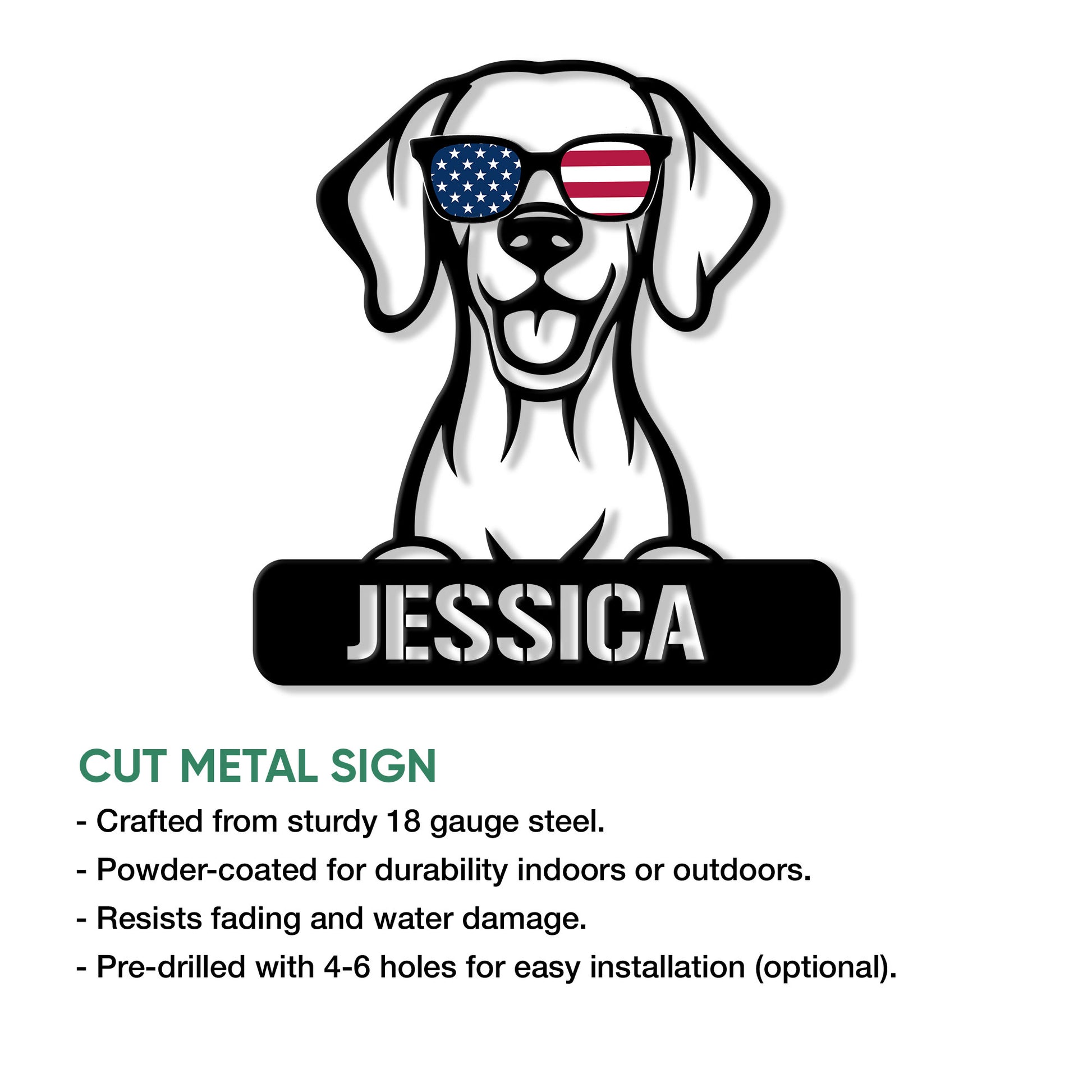 Vizsla dog cut metal sign shown with product feature details for indoor or outdoor display