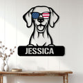 Patriotic Vizsla dog wall sign displayed on a white paneled wall above a wooden console