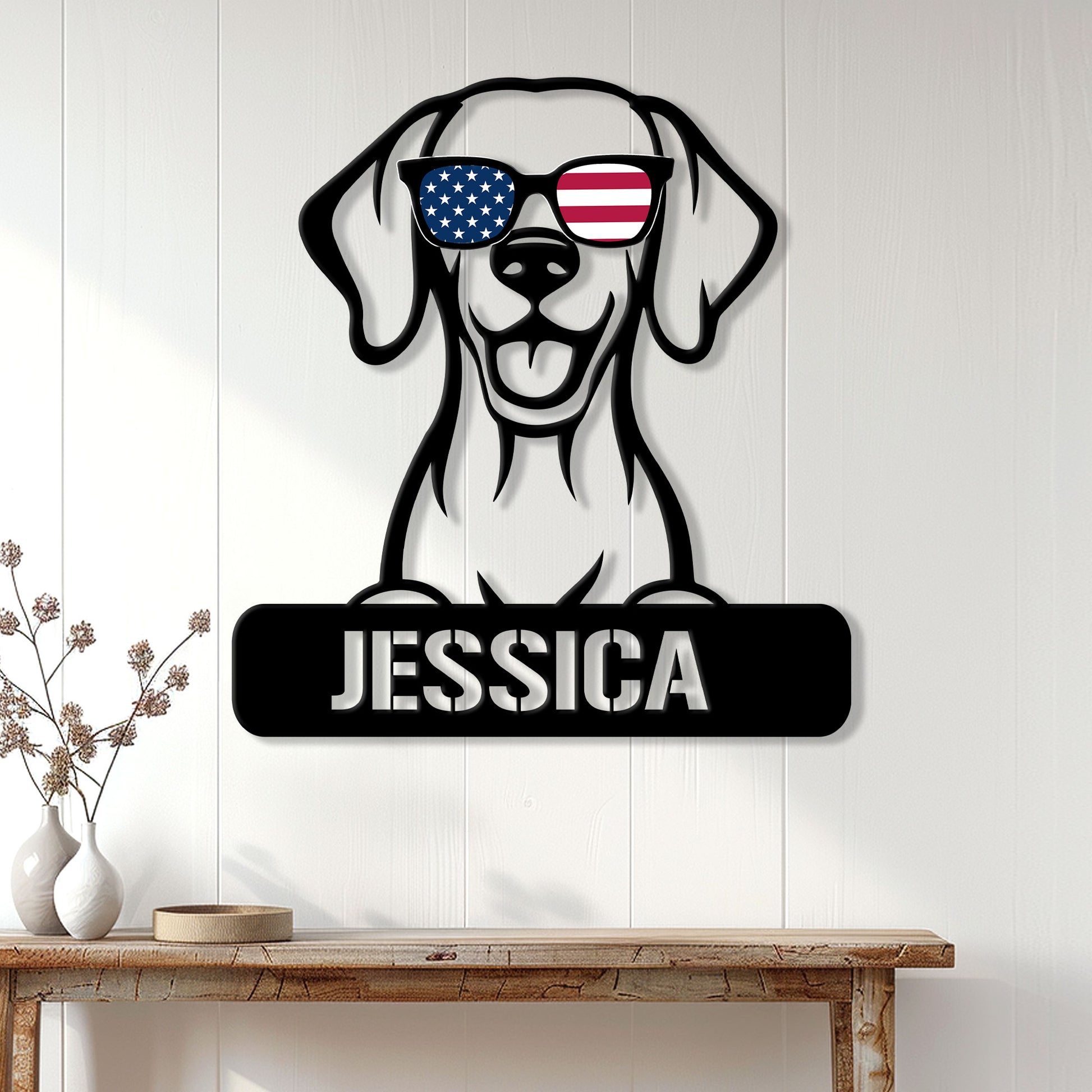 Patriotic Vizsla dog wall sign displayed on a white paneled wall above a wooden console