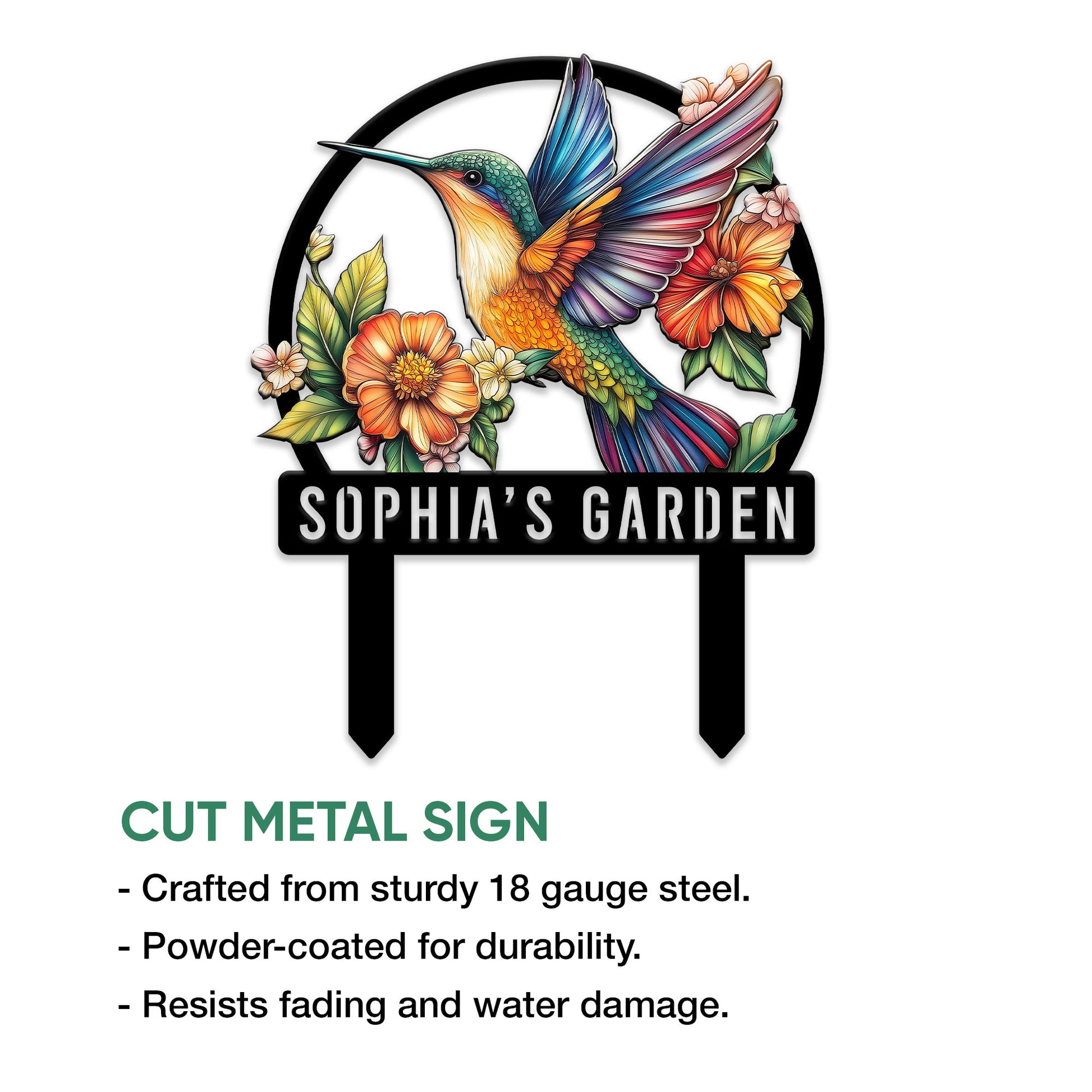 Cut metal hummingbird garden sign featuring a vibrant bird, floral design, and decorative garden stake