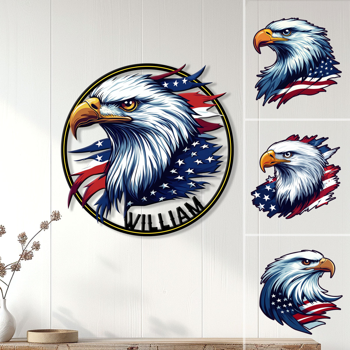 Patriotic eagle metal sign displayed on a light wood wall above a console table