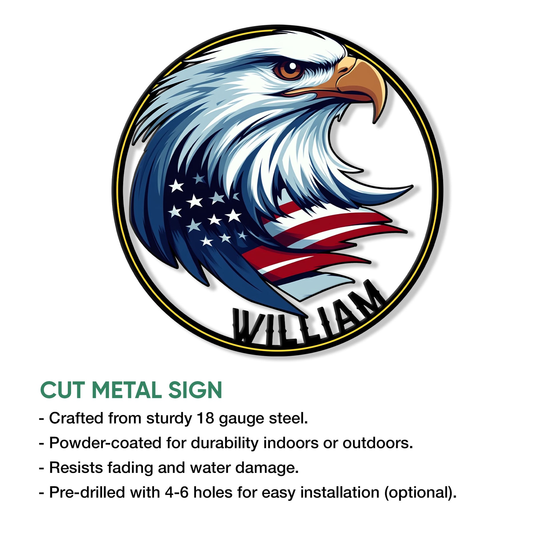 Round eagle metal sign featuring a bald eagle with stars and red, white, and blue details