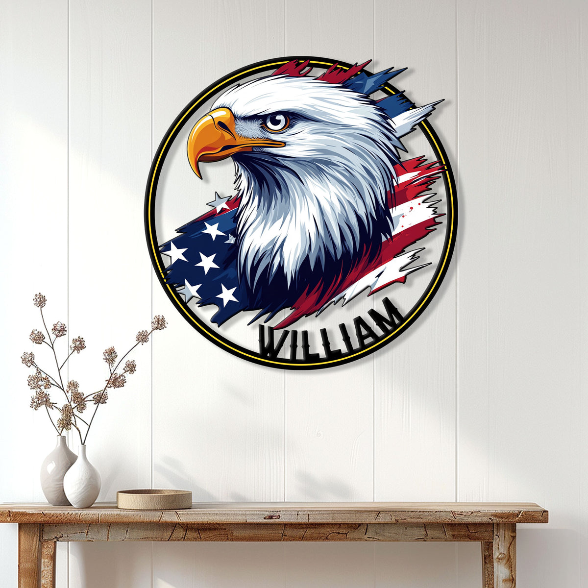Patriotic bald eagle wall sign shown in a bright home decor setting