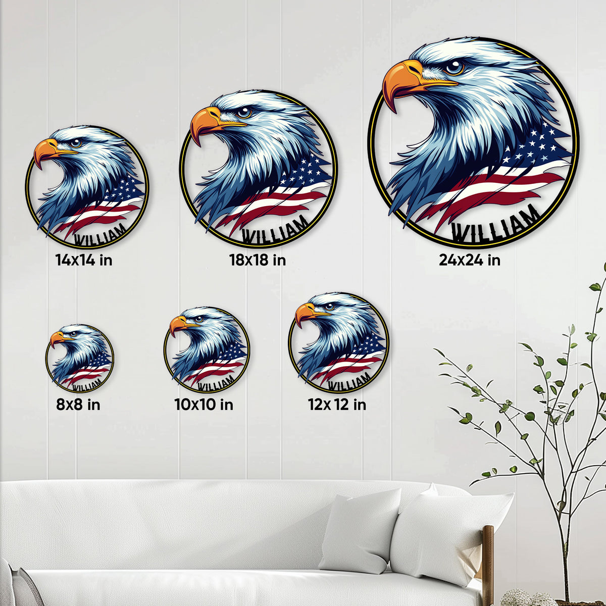 Eagle metal sign size guide showing available round sign dimensions from 8 by 8 to 24 by 24 inches