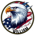 Close-up of a bald eagle metal sign with a bold black and gold border and American flag colors