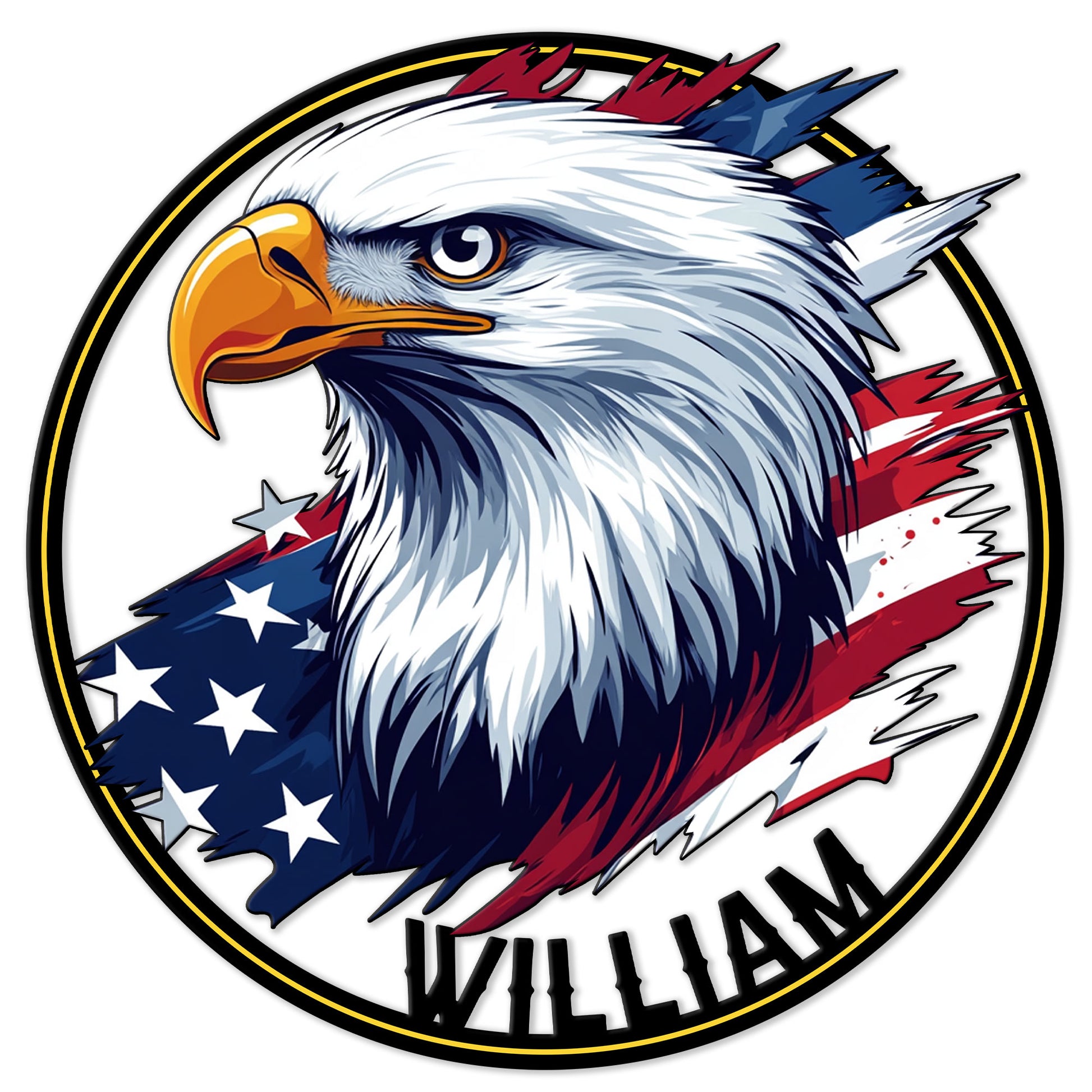 Close-up of a bald eagle metal sign with a bold black and gold border and American flag colors