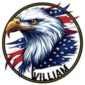 Detailed patriotic eagle artwork with white feathers, golden beak, stars, and red and blue accents