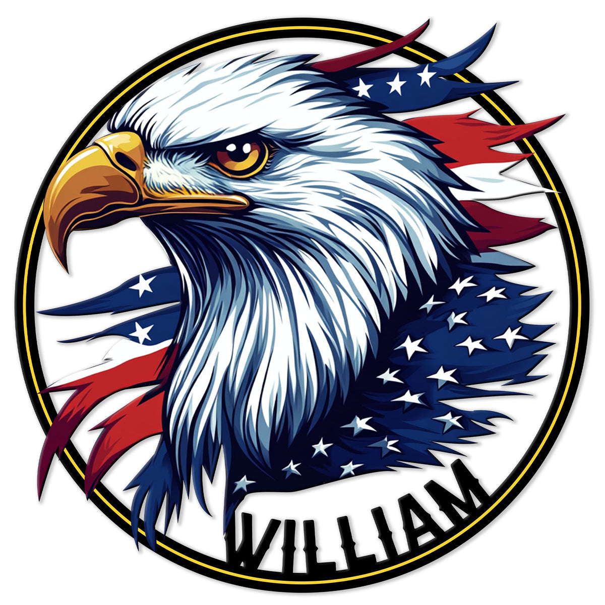Detailed patriotic eagle artwork with white feathers, golden beak, stars, and red and blue accents